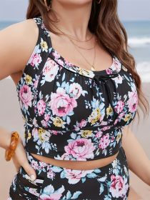 Women's Fashionable Plus-size Bikini Top With Sexy Floral Print And Adjustable Shoulder Straps And Pleated Skirt. Beach Style. (Option: 1XL-Colour)