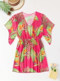 Women's Plus-size Sexy Semi-transparent Tank Top Cover-up Swimsuit With Tropical Print, Sun Protection, Vacation Style (Option: Rose red-0XL)