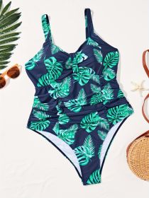 Women's Oversized One-piece Tropical Print Chest Pleated One-piece Swimsuit Holiday Style (Option: Black-4XL)