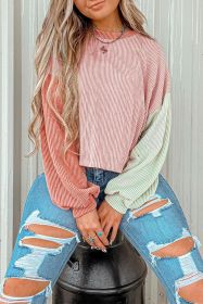 Rose Red Corded Colorblock Patchwork Long Sleeve Top (Color: Multicolour, size: M)