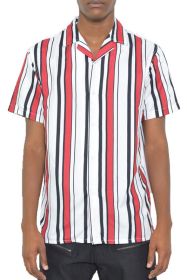 MENS SHORT SLEEVE STRIPED BUTTON DOWN SHIRT PRINT (Color: WHITE RED, size: S)