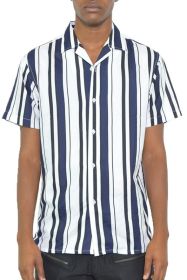 MENS SHORT SLEEVE STRIPED BUTTON DOWN SHIRT PRINT (Color: WHITE NAVY, size: 3XL)