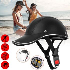 Safety Bicycle Helmet Adjustable Windproof Bike Helmet Sunshade Baseball Cap Anti-UV Cycling Motorcycle Hat Leather Helmet (Color: Black)