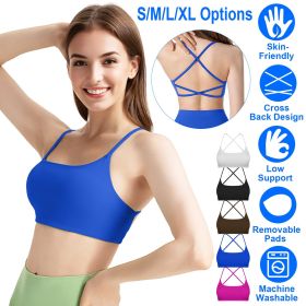 1Pc/3Pcs Women Cross Back Sport Bras Padded Strappy Crop Open Back Low Impact Bras Sexy Fitness Tank Tops (Color: 1PcBlue, size: L)