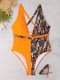 Women's Large-size One-piece Swimsuit, Leopard Print, Color Matching, Asymmetric, Tie-one-piece Swimsuit, Backless Sexy Vacation Style (Option: Orange-0XL)