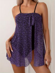 Women's Fashionable European-style Sexy Strapless Net-sheer Dress With Leaf Pattern One-piece Swimsuit (Option: S-Purple)