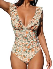 Belly One-piece V-neck Flounce Lace-up Multi-color Women's Swimsuit (Option: Apricot Floral-L)